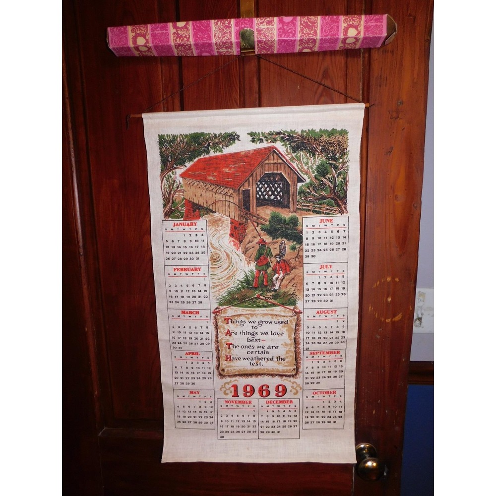 Vintage 1969 Linen Calendar Tea Towel Covered Bridge With Original Box